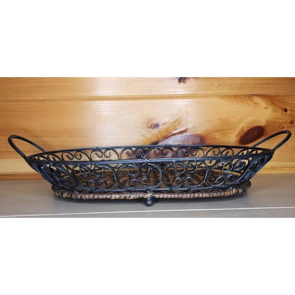 Metal and Wicker Serving Tray with Handles Distressed Farmhouse Decor Basket